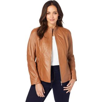Jessica London Zip Front Leather Jacket in Cognac at Nordstrom, Size 32