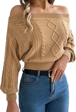 Generic Ladies Jumpers Off Shoulder Sleeve Knit Top Cropped Pullover Comfort Casual Long Sleeve Solid Color Tunic Tops for Women Autumn Winter