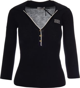 Elisabetta Franchi Ribbed Knit Polo with Boat Collar and Contrasting Logo Intarsia