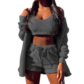 Generic Womens Fuzzy Pajamas Set Sexy Fleece 3 Piece Outfits Sweatsuit Long Sleeved Fluffy Hooded Jacket Soft Open Front Cardigan and Wide Legs Pants Shorts W