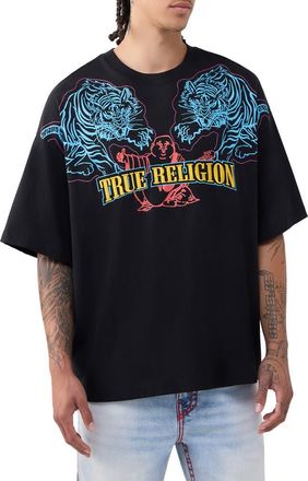 True Religion Tiger Logo Oversize Cotton Graphic T-Shirt in Jet Black at Nordstrom, Size Xxx-Large
