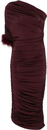 MUGLER Jurk met &eacute;&eacute;n schouder en ruches en verenrand - Dames - Feestkleedjes - Rood - XS - Kleedjes
