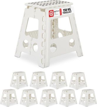 Relaxdays Set of 10 Relaxdays Folding Stools xl, Portable, Large Bathroom Step Stool, For up to 120 kg, Plastic, 39.5 cm, White