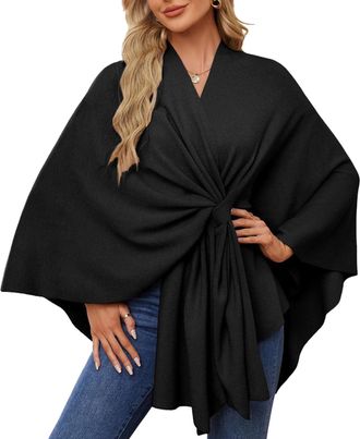 Generic Elegant Shawl Wraps Soft Open Front Poncho Sweater, for Spring Fall Winter, Cross Front Poncho Shawl Cape for Holiday Travel (Black)