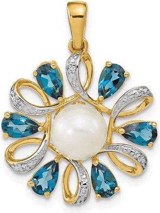 Diamond2Deal 14k Yellow Gold Freshwater Cultured Pearl & Blue Topaz Diamond Pendant