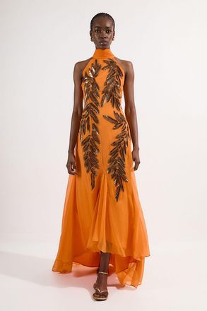 Karen Millen Womens Halter Neck Feather Sequin Detail Woven Maxi Dress - Orange - Size 10 UK