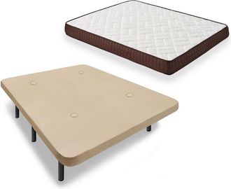HOGAR 24 Cama Completa - Colchón Viscobrown Doble Capa Viscosoft, Altura 15 cm + Base Tapizada Beige + Patas de 25 cm, 135x190 cm