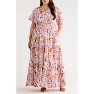 Sugarlips Hendry Floral Palmer Tiered Cotton Maxi Dress in Cream-Mult at Nordstrom, Size 1X