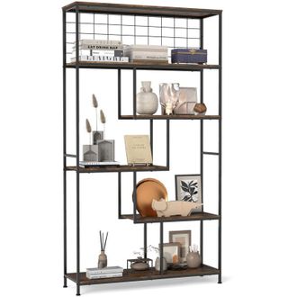Costway 6 Tier Industrial Bookshelf with Metal Net Back Antique Finish Brown
