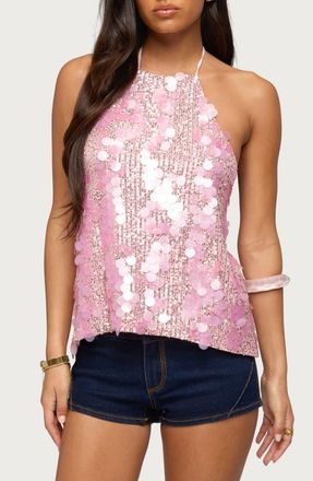 Edikted Ellorie Sequin Open Back Halter Top in Pink at Nordstrom, Size X-Small