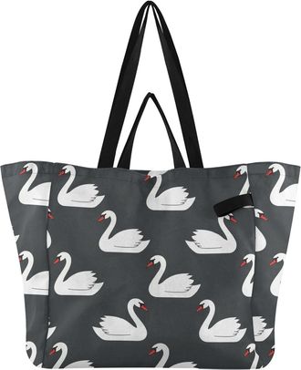 Generic Swans Black pattern Reusable Canvas Tote Bag, Heavy Duty Grocery Shopping Bag with Large Capacity Hard Bottom Double Handles Work Groceries Travel