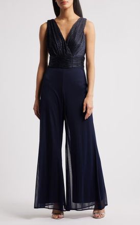 Connected Metallic Plissé Mixed Media Wide Leg Jumpsuit in Navy at Nordstrom, Size 16