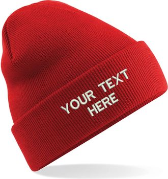 Generic Personalised Embroidered Your Text Beanie, Knitted Cap Your Name Hat Unisex Gift (Bright Red)