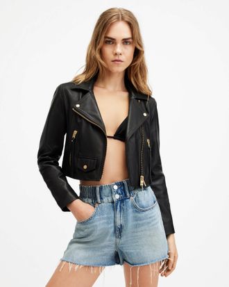 AllSaints Leather Elora Cropped Slim Leather Biker Jacket, Size: 10