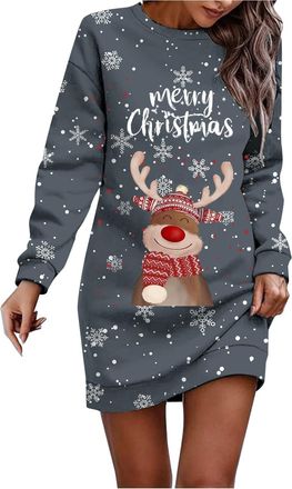 Generic Christmas Dresses for Women UK Elegant Women Christmas Sweatshirt Dress Snowflakes Reindeer Heads Merry Print Long Sleeve Hooded Womens Long Dresses K