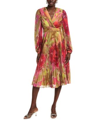 Badgley Mischka Pleated Floral Wrap Cocktail Dress