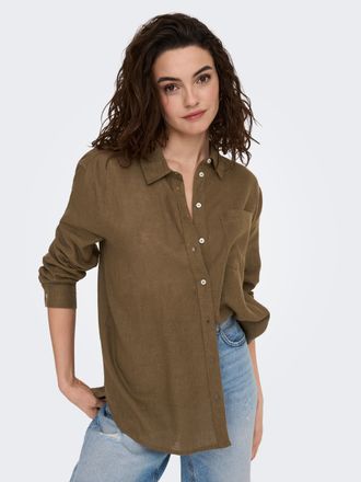 Only Longbluse ONLY ONLTOKYO L/S LINEN BLEND SHIRT, Damen, Gr. S, braun (cub), Web, Obermaterial: 55% Leinen, 45% Viskose, unifarben, regular fit, Blusen L