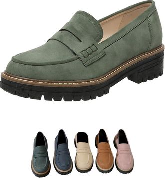 Generic Womens Loafers Thick Sole Suede Loafers Light Weight Slip On Loafers Platform Business Office Work School Shoes Green