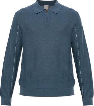 Paul Smith Wool Long-Sleeve Polo - Heren - V-hals truien - Blauw - L - Wol - Truien & Vesten