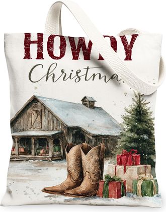 Generic Rustic Christmas Canvas Tote Bags, Vintage Boots and Holiday Gifts Pattern Reusable Grocery Bags, Winter Lightweight Washab, White, 13x15 Inch