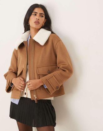 GANT Giacca stile aviatore marrone in misto lana con colletto in pile borg