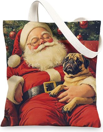 Generic Christmas Pug Dog Canvas Tote Bag for Shopping 13x15, Xmas Santa Puppy Reusable Grocery Print Pattern Bag for Women Men, Pet New Year Aesthetic Painti