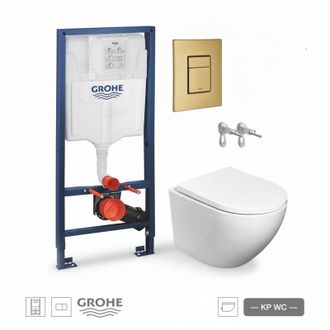 GROHE Pack Wc Suspendido Con Bastidor Grohe Rapid Sl + Pulsador Skate Oro Cepillado + Inodoro Round Smart 52 Cm Tornado 3.0 Kp