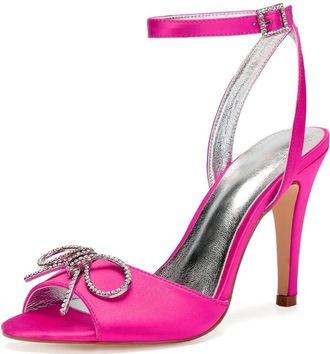 Generic Womens Heels Wedding Bridal Ankle Strap High Heels Heeled Open Toe Satin Prom Party Dress Stiletto Sandals 10.5Cm,Rose red,6 UK