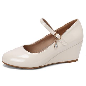 Generic Womens Mary Jane Wedge Shoes Adjustable Buckle Strap Teardrop Crystal Charm Round Toe Metallic PU Leather Non Slip Sole Comfortable Stylish Daily Shoe