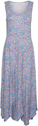 Cream Blauw Oranje Bloemenweide Jurk - Dames - Maxi kleedjes - Blauw - XL - Kleedjes
