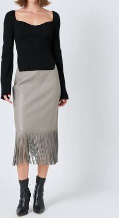 endless rose Fringe Faux Leather Midi Skirt In Taupe