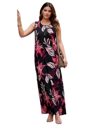 Roaman's Plus Size Sleeveless Crew Neck Maxi Dress in Black Tiger Lily at Nordstrom, Size 44