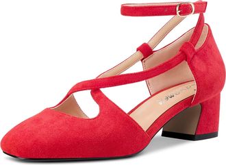 Castamere Women Mid Chunky Block Heel Square Toe Cross-Strap Pumps Court Shoe Party Cute Shoes Red Suede 8.5 UK