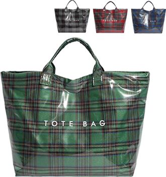 Generic Christmas Plaid PVC Tote Bag for Women, Letters Print Tote Bag, Durable Plastic Bags for Christmas Shopping (B)