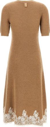 Alberta Ferretti Lace-Trimmed Ribbed Knit Dress - Camel