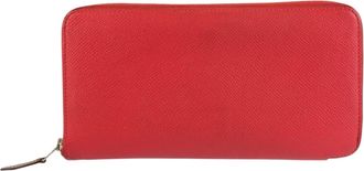 Herm&egrave;s Red Color Epsom Leather Silk Long Wallet (Bi-Fold) (Pre-Owned)
