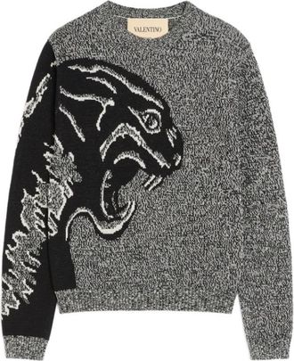 Valentino Panther Jacquard Ronde Hals Trui - Heren - Ronde hals truien - Grijs - L - Truien & Vesten