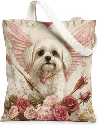 Generic Valentines Day Maltese Dog Canvas Tote Bag for Shopping 13x15, Vintage Puppy Reusable Grocery Print Pattern Bag for Women, Retro Pet Beach Aesthetic P