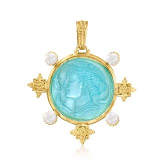 Ross-Simons Italian Tagliamonte Blue Venetian Glass Pendant With 5-6mm Cultured Pearls in 18kt Gold Over Sterling
