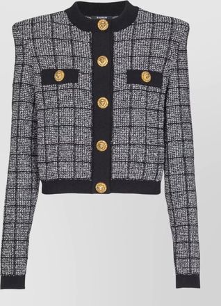 Balmain cropped tweed check cardigan gold buttons