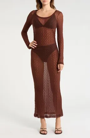 Abound Long Sleeve Sheer Lace Cover Up Dress in Brown Raisin at Nordstrom Rack, Size X-Large