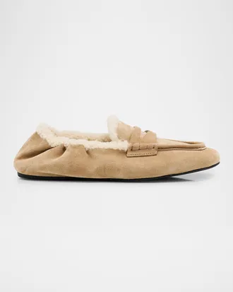 Miu Miu Shearling Lined Suede Penny Loafers