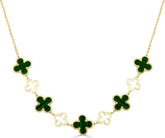 Italian Gold, Inc 14K Yellow Gold Alternating Clover & Open Clover Necklace 9 Stations - Malachite