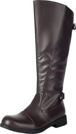 Generic Mens Knee High Riding Boots Round Toe Med Thick Heel With Side Zipper And Belt Buckles Retro Equestrian Tall Boots