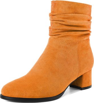 elashe Ankle Boots for Women Stylish Round Toe Chunky Heels Slouchy Design 2 Inches Height Side Zipper Office Dress Orange UK5