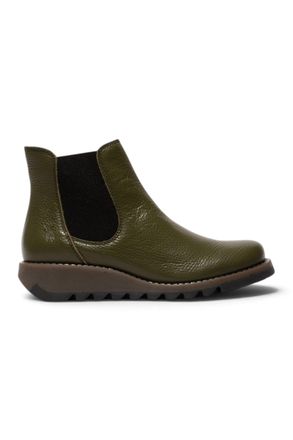 FLY London Dames Chelsea enkellaarsjes van leer in militair groen - SALV195