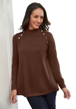 Jessica London Gold Button Mockneck Sweater in Rich Brown at Nordstrom, Size Large