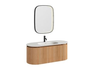 Vente-Unique Mueble de ba&ntilde;o suspendido estriado en madera de fresno con lavabo encastrado, grifo y espejo - Natural claro - An. 120 cm - LILIKO