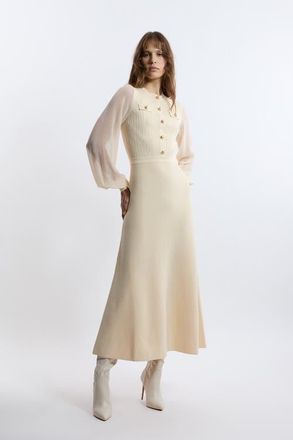 Karen Millen Military Trim Chiffon Sleeve Knit Dress in Cream at Nordstrom, Size Small