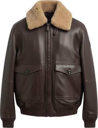 Peuterey Brown Leather Jacket With Shearling Collar And Ribbed Details